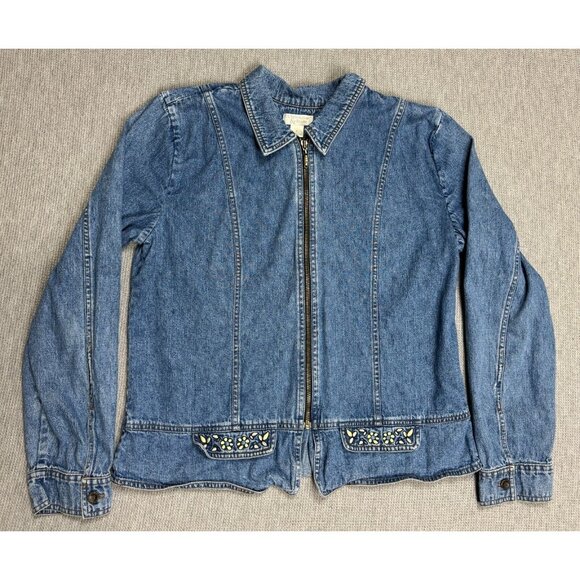 Christopher Banks Womens Blue Denim Jacket Full Zip Embroidered Flowers Medium - Picture 5 of 16